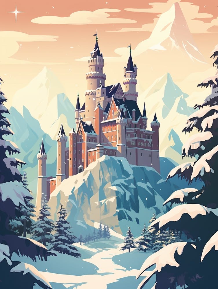Vintage Winter Travel Illustration Schloss Neuschwanstein Germany 3