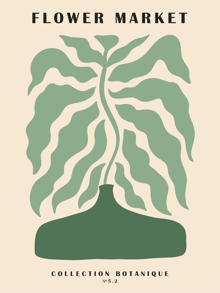 Flower market, Abstract flower in a vase, Green botanical art, Retro