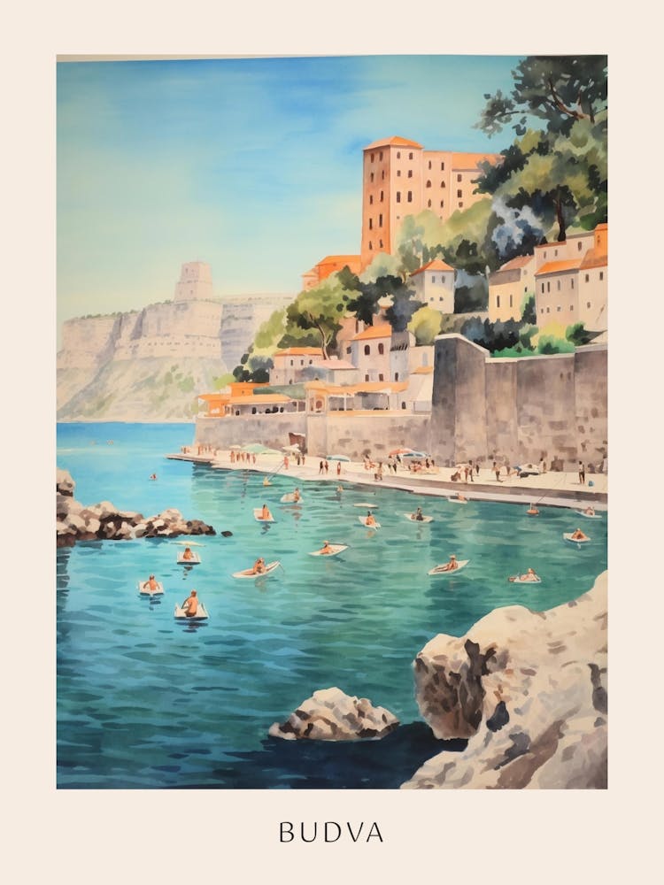 Swimming In Budva Montenegro Watercolour Poster