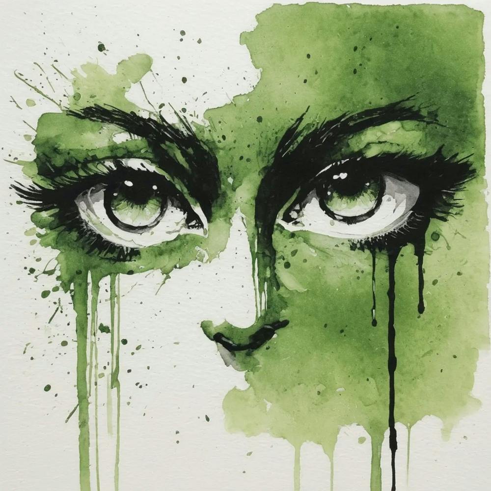 Green Eyes, ink, watercolour