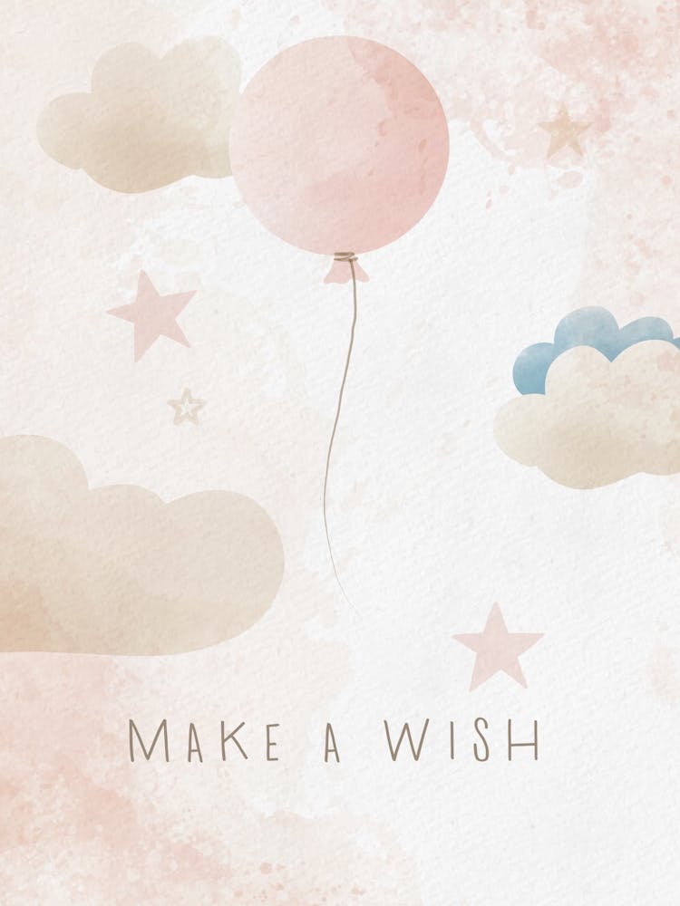 Pink Balloon Poster - Make A Wish Watercolor Nursery Wall Art