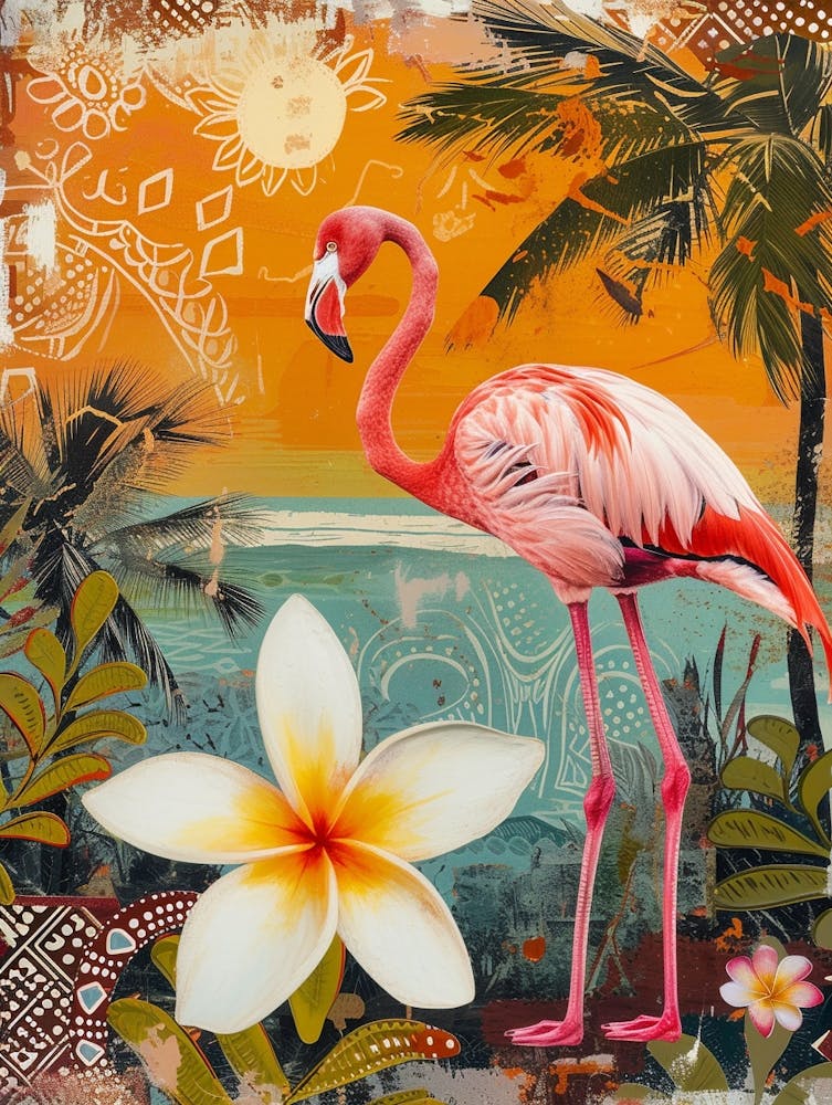 Greater Flamingo And Tiare Flower Boho Print 1
