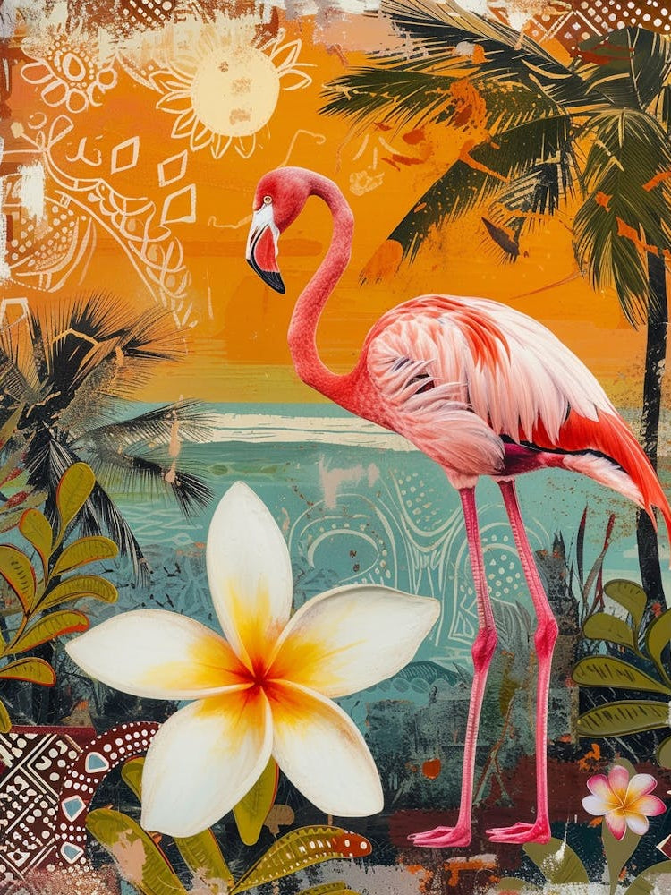 Greater Flamingo And Tiare Flower Boho Print 1