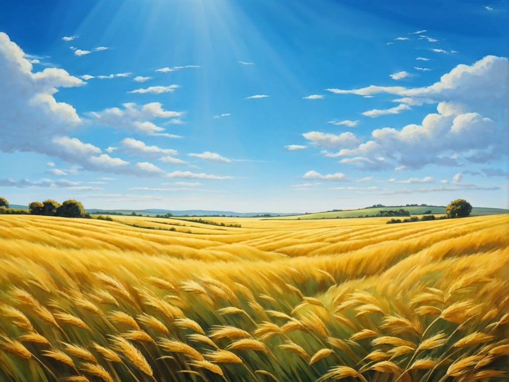 Goldgelbes Weizenfeld, das sich in der sanften Brise wiegt, Sonne wirft dynamische Schatten durch die Wellen in (1) 2