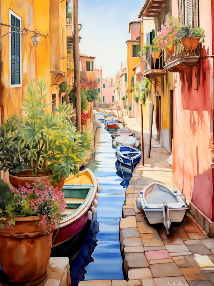 Watercolor Painting Boats Docked