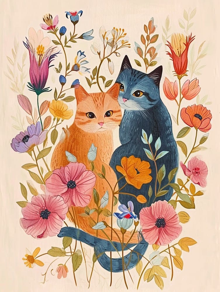Folkloristische Florale Tierzeichnung Katze 9