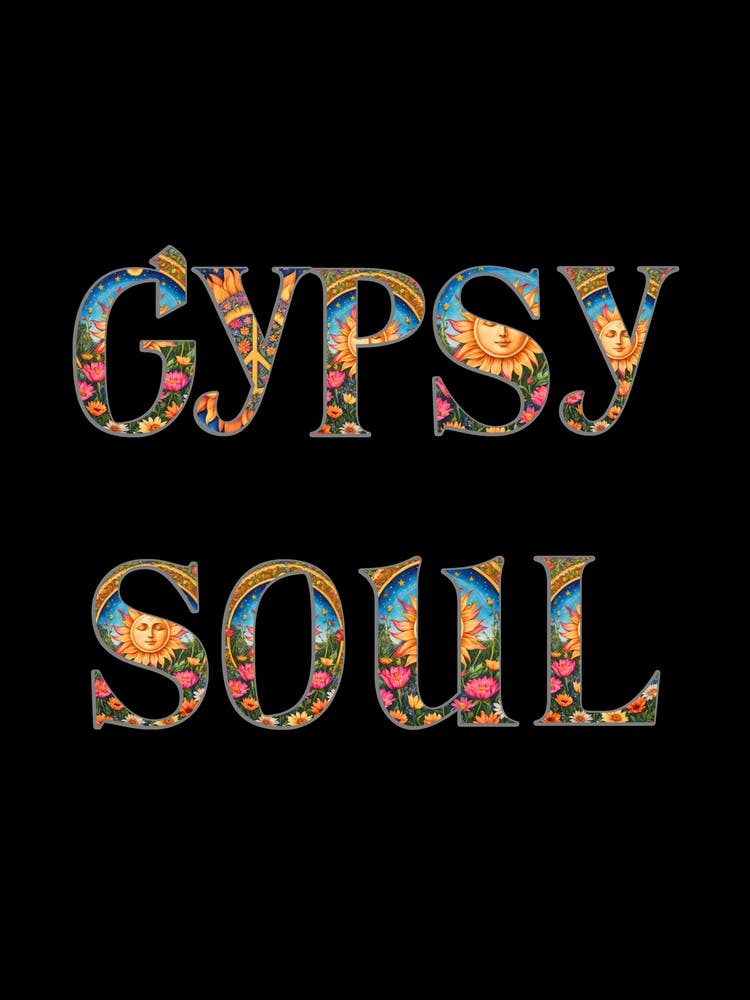 Gypsy Soul Black Background - Flower Power Tarot Sun By Free Spirits and Hippies Official Wall Decor Artwork Hippy Bohemian Meditation Room Typography Groovy Trippy Wild Woman Psychedelic Bohemian