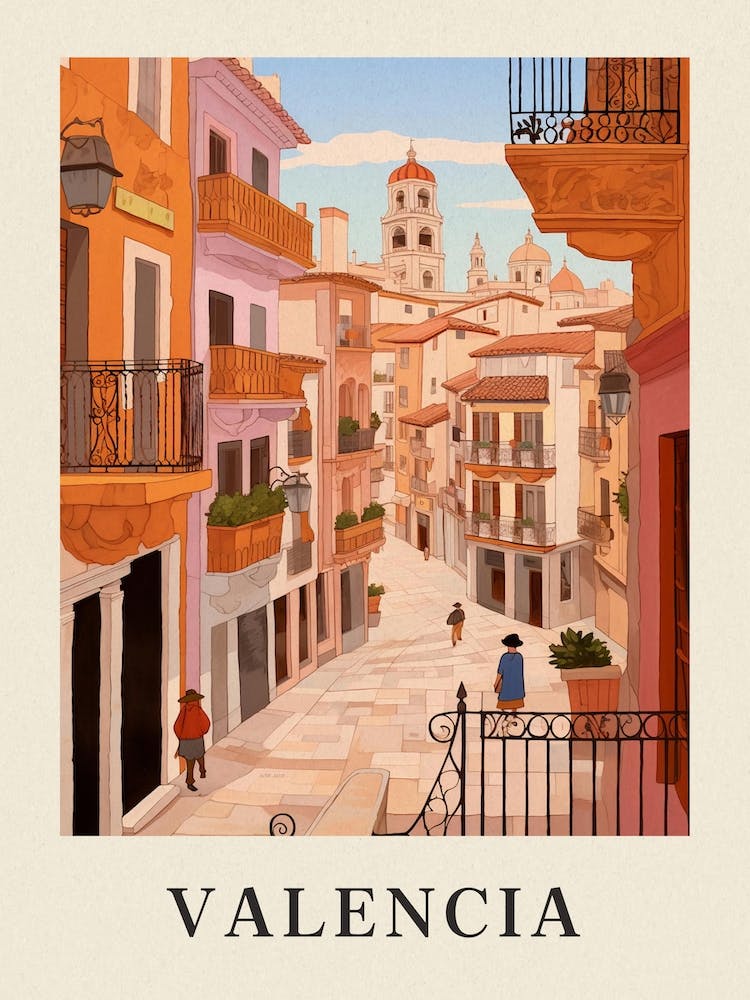 Valencia Spain 4 Vintage Pink Travel Illustration Poster