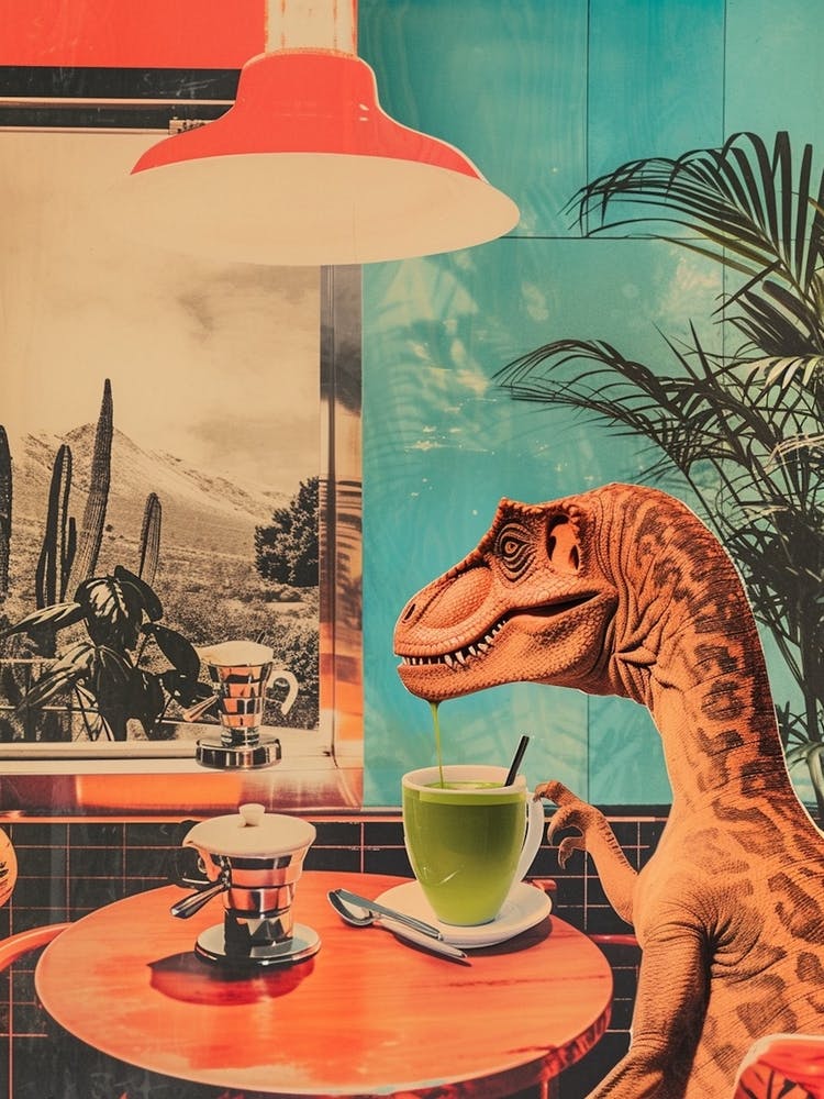 Dinosaur Drinking A Matcha Latte Retro Abstract Collage 3