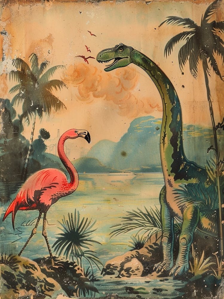 Vintage Flamingo & Dinosaur Illustration