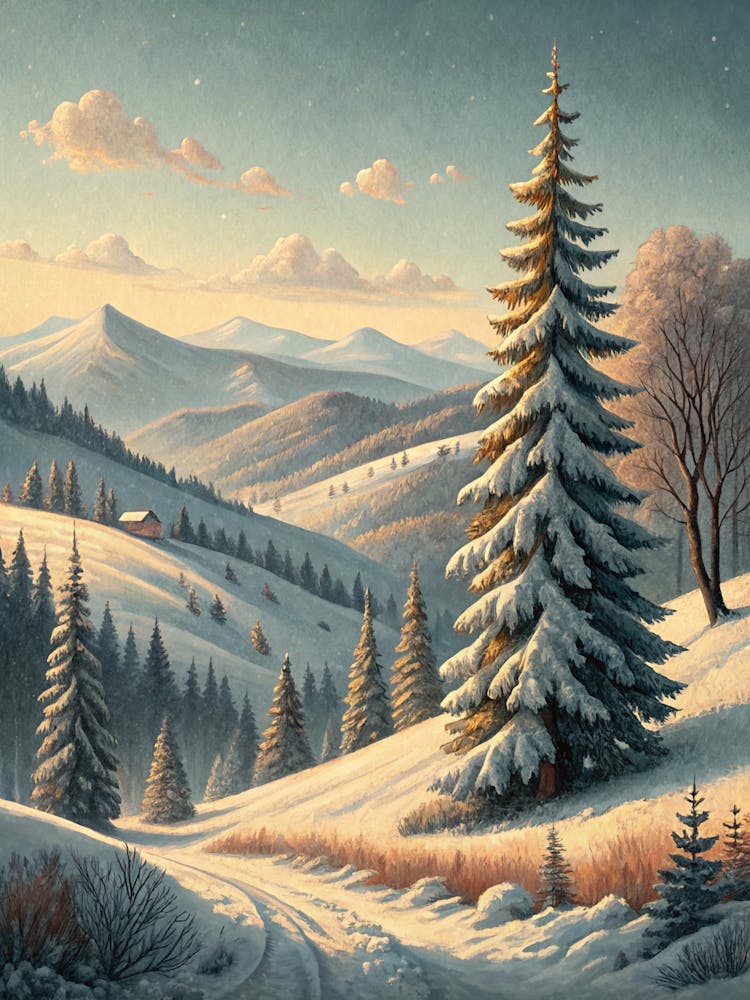 Oil Painting Style Vintage Winter Hills With Snow