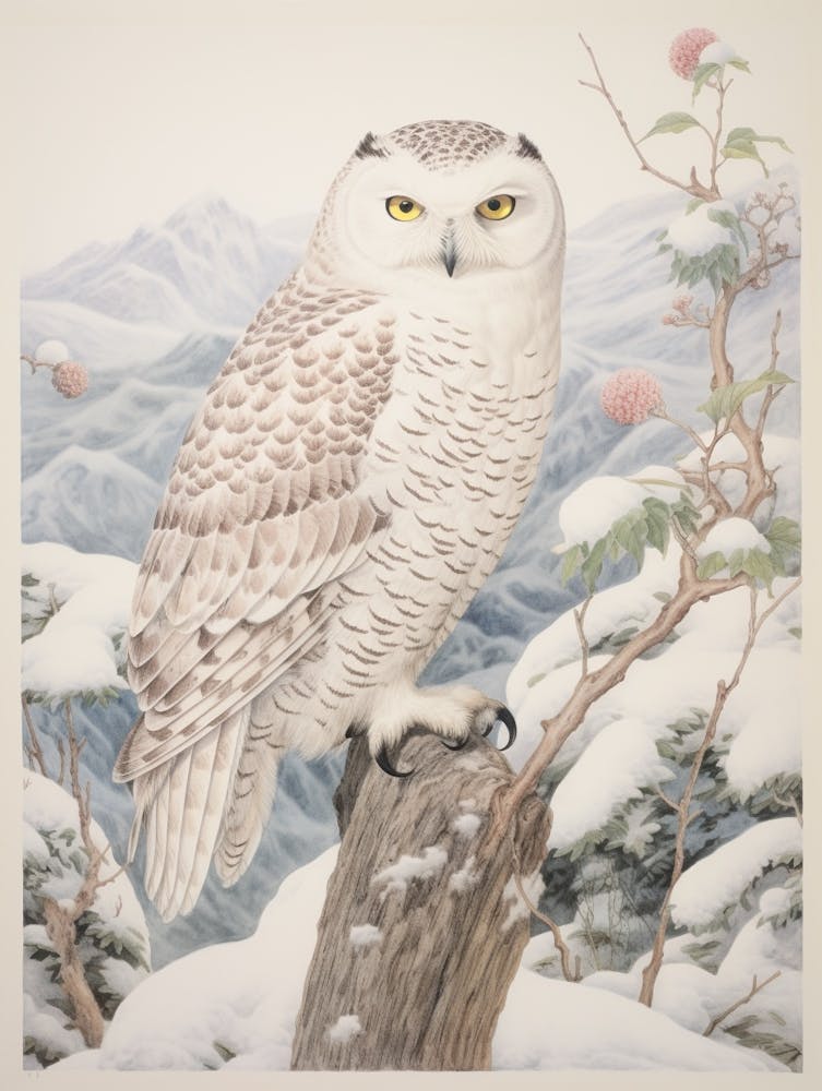 Vintage Bird Drawing Snowy Owl 1