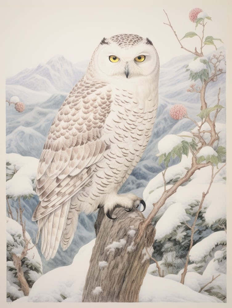 Vintage Bird Drawing Snowy Owl 1