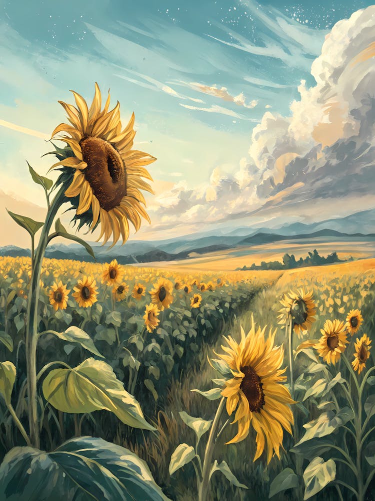 Oil Painting Style Sunflower Field Under Minimalist