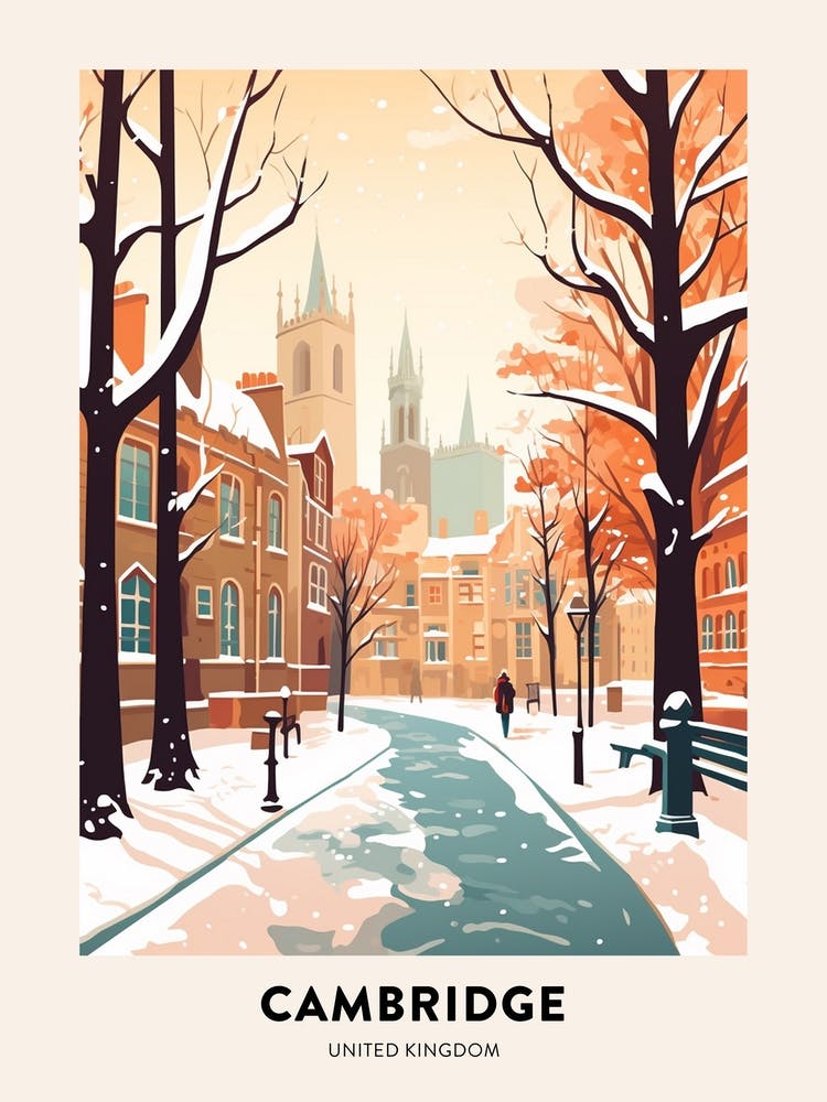 Vintage Winter Travel Poster Cambridge United Kingdom 2