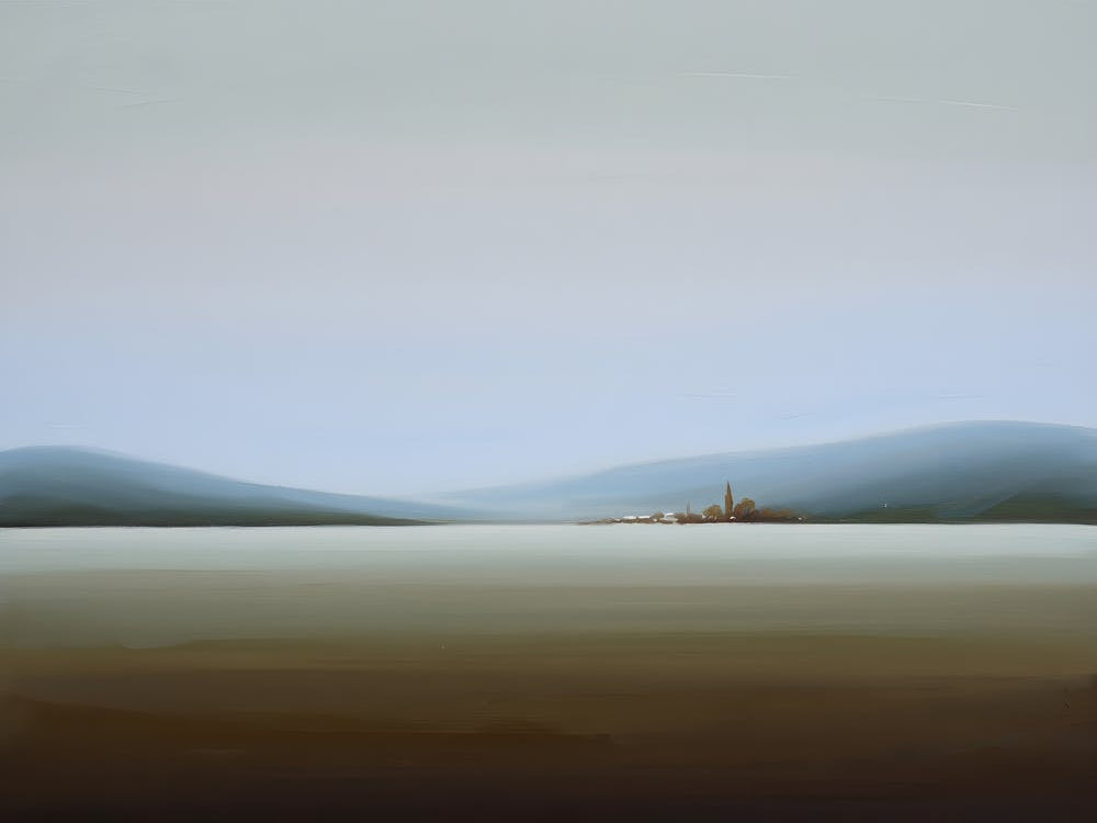 Minimalist Landscape - Distant Village in Misty Hills