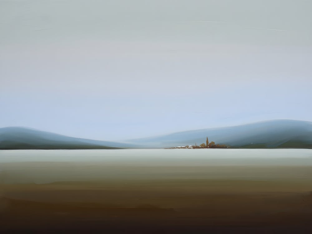 Minimalist Landscape - Distant Village in Misty Hills