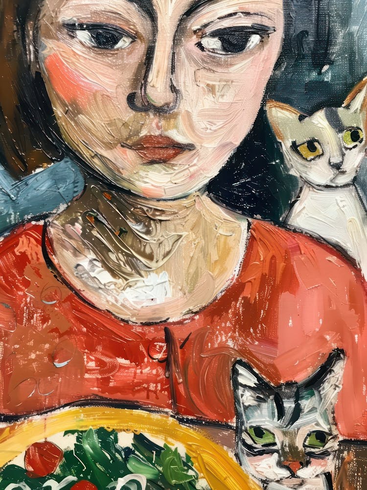 Porträt eines Mädchens mit Katzen beim Salatessen 1
