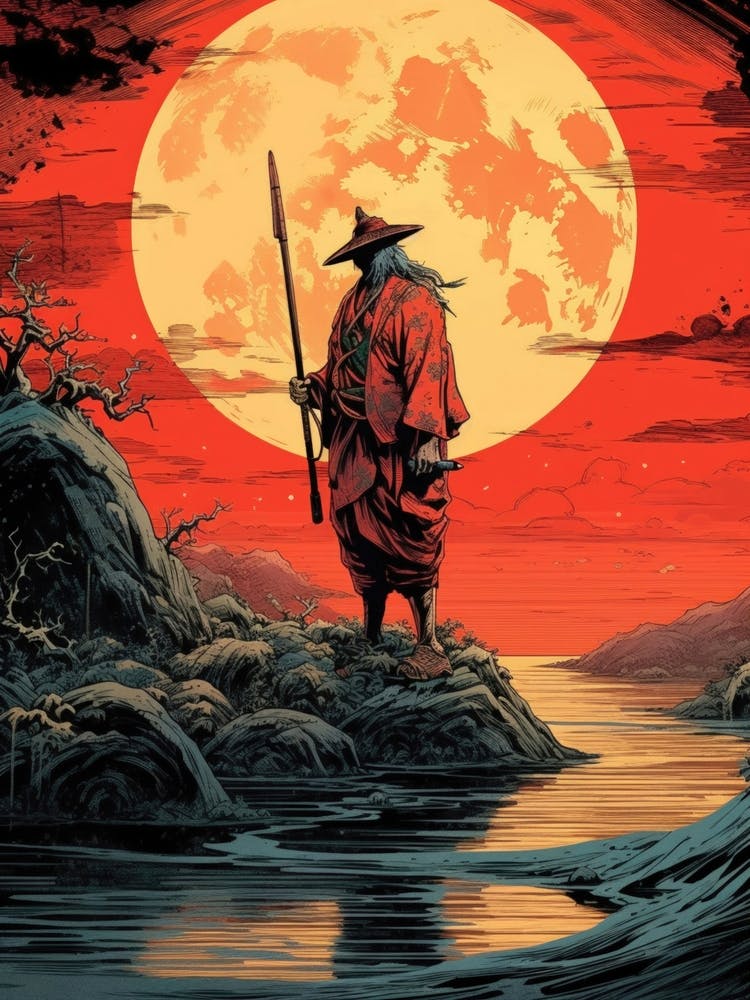 Japanese Samurai Warrior Full Moon Painting