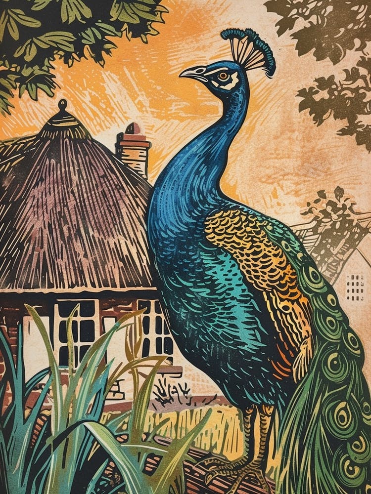 Blue Mustard Peacock By A Cottage Linocut Inspired 2
