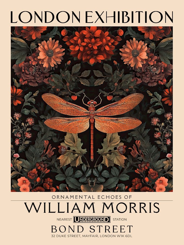 William Morris Dragonfly and floral artwork, insect and flower pattern vintage Botanical print for cottagecore, maximalist decor,floral tapestry Victorian nature illustration bedroom vintage decor 1