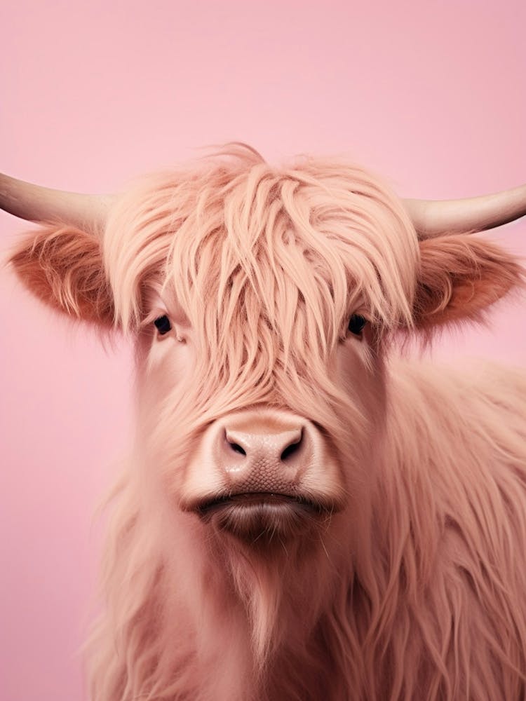 Cute Photographic Portrait Of Pastel Pink Highland Cow 1