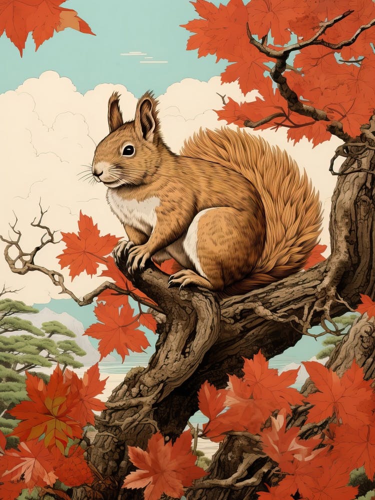 Squirrel Animal Drawing In The Style Of Ukiyo E 3