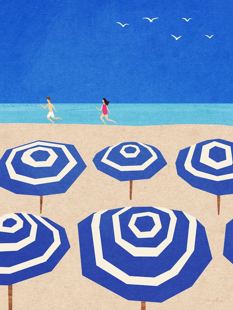 Parasols on the Beach | Beach Travel Illustration| Sea Ocean Summer Parasols | Children Playing on Vacation