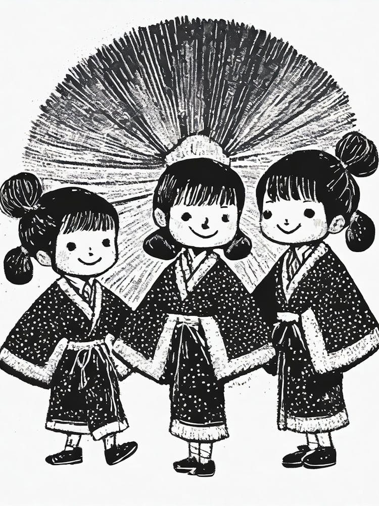 Enfants Jouant en Kimonos, Style Ukiyo-e