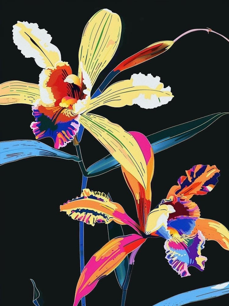 Neon Flowers On Black Monkey Orchid 1