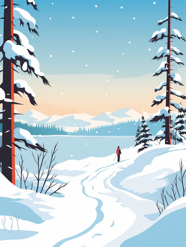 Retro Winter Illustration Lake Tahoe United States