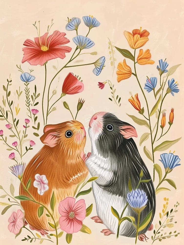 Folksy Floral Animal Drawing Guinea Pig