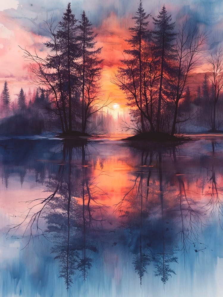 Watercolor Sunset On The Lake In Pastel Shades