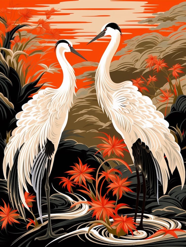 Black And Red Cranes 2 Vintage Japanese Botanical