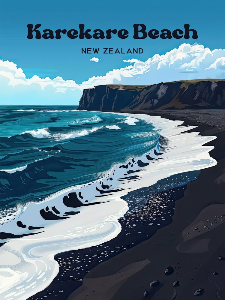 Karekare Beach New Zealand Black Sand Travel Illustration