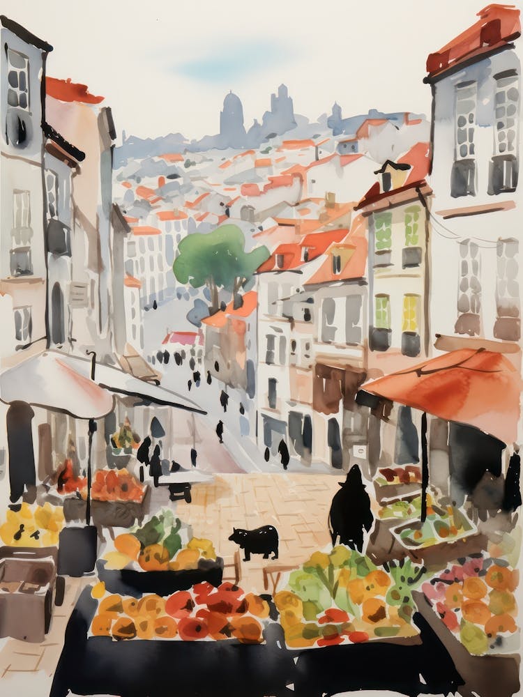 Food Market With Cats In Lisbon 3 Watercolour