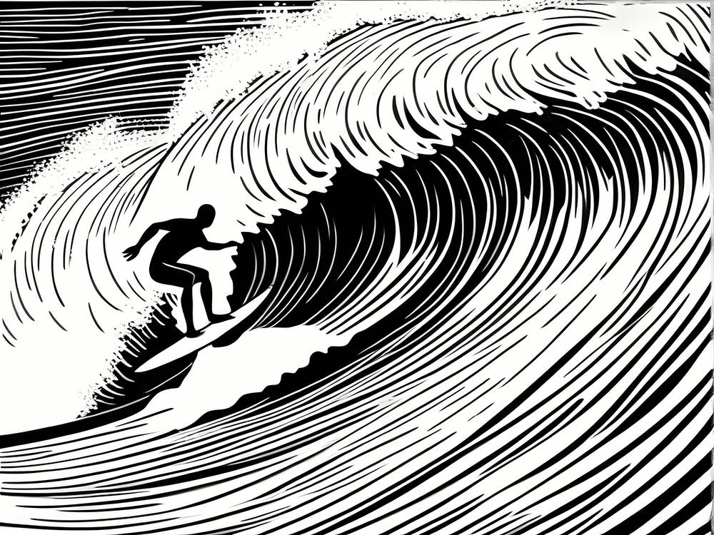 Linocut Black And White Surfer On A Wave art, surfing art, 244