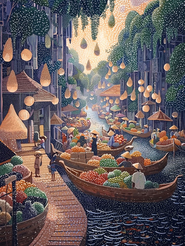 Floating Market Scene In Pointillist Style Poster