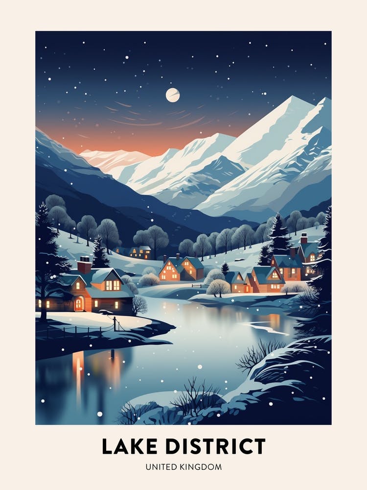 Winter Night  Travel Poster Lake District United Kingdom 1
