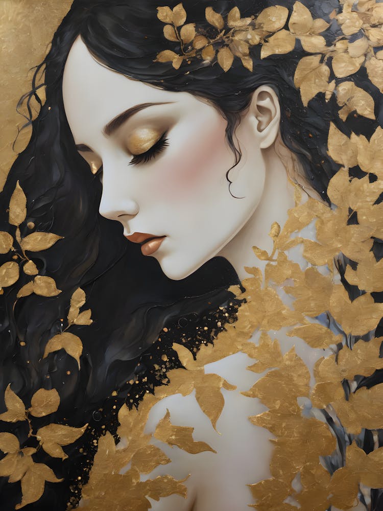 In the Style of Gustav Klimt - Beautiful Woman in Gold Leaf Wearing Back Showing Dress and Flowers, Similar to The Kiss, Tears, Portrait of Adele Bloch, Judith, Fräulein Lieser and Famous Replica Artworks - Perfect For Aesthetic Luxury Gallery Wall or Feature HD 1