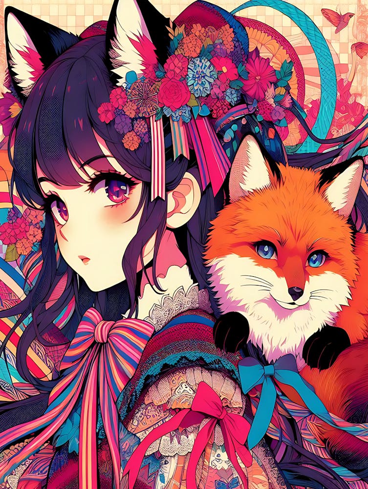 Pretty Anime Girl with Fox 7