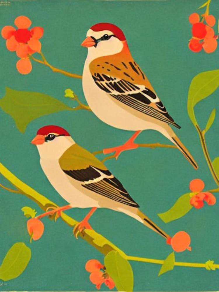 House Sparrow 2 Midcentury Illustration Bird