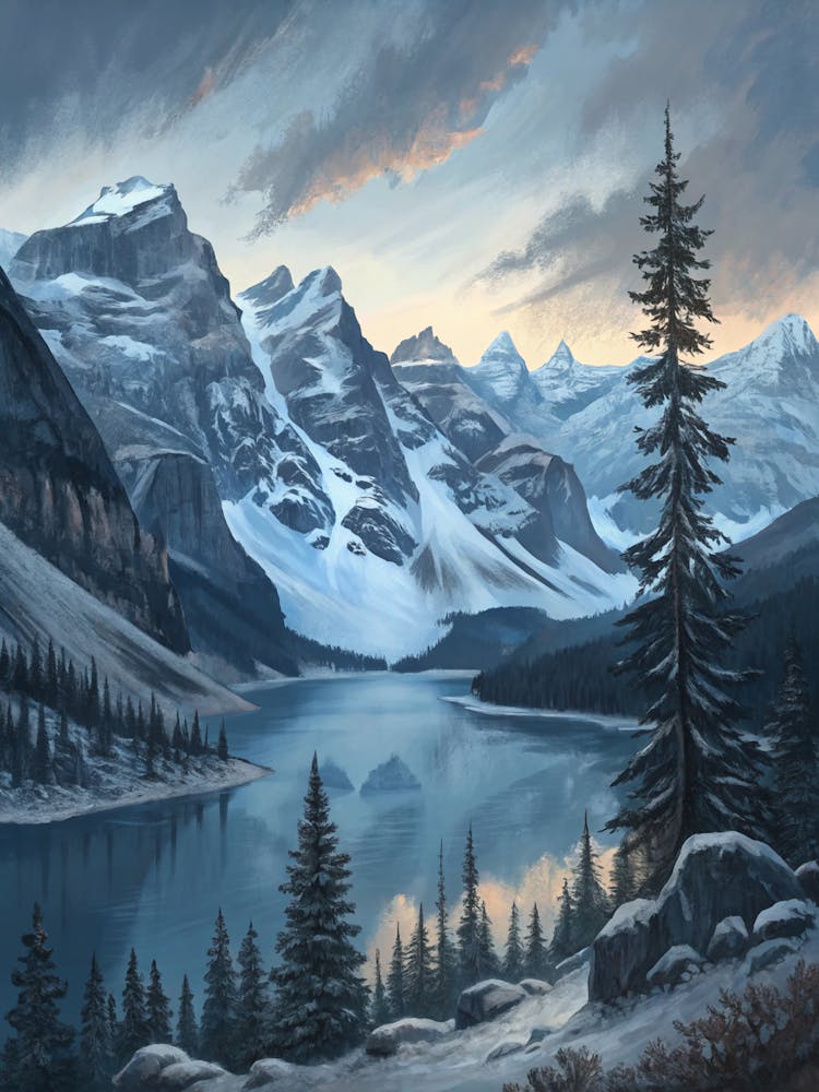 Oil Painting Style Grey Blue Dusk Over Icy Peaks