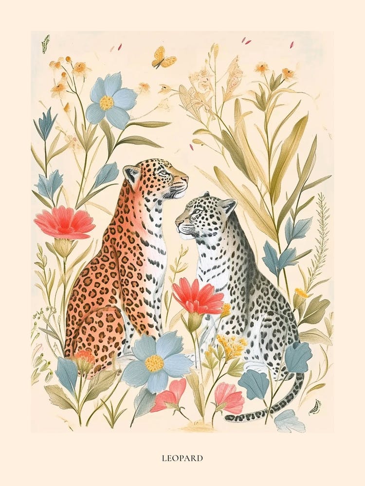 Folksy Floral Animal Drawing Leopard 3 Poster
