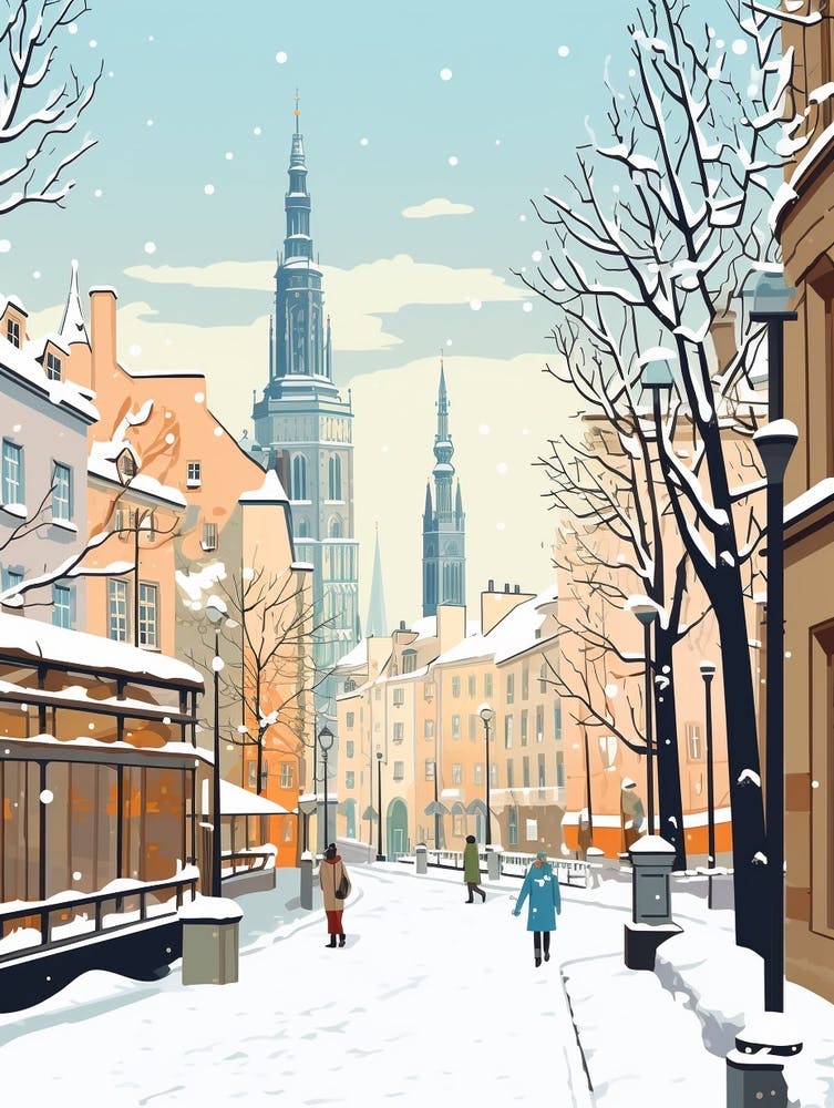 Vintage Winter Travel Illustration Krakow Poland 2