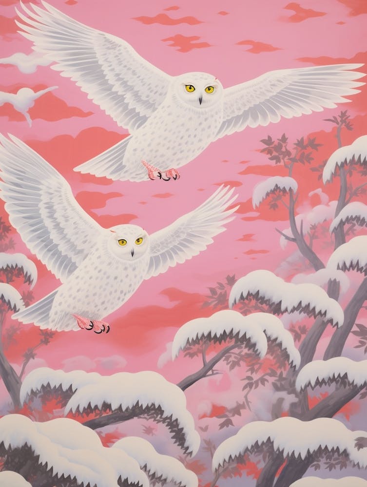 Vintage Japanese Inspired Bird Print Snowy Owl 1