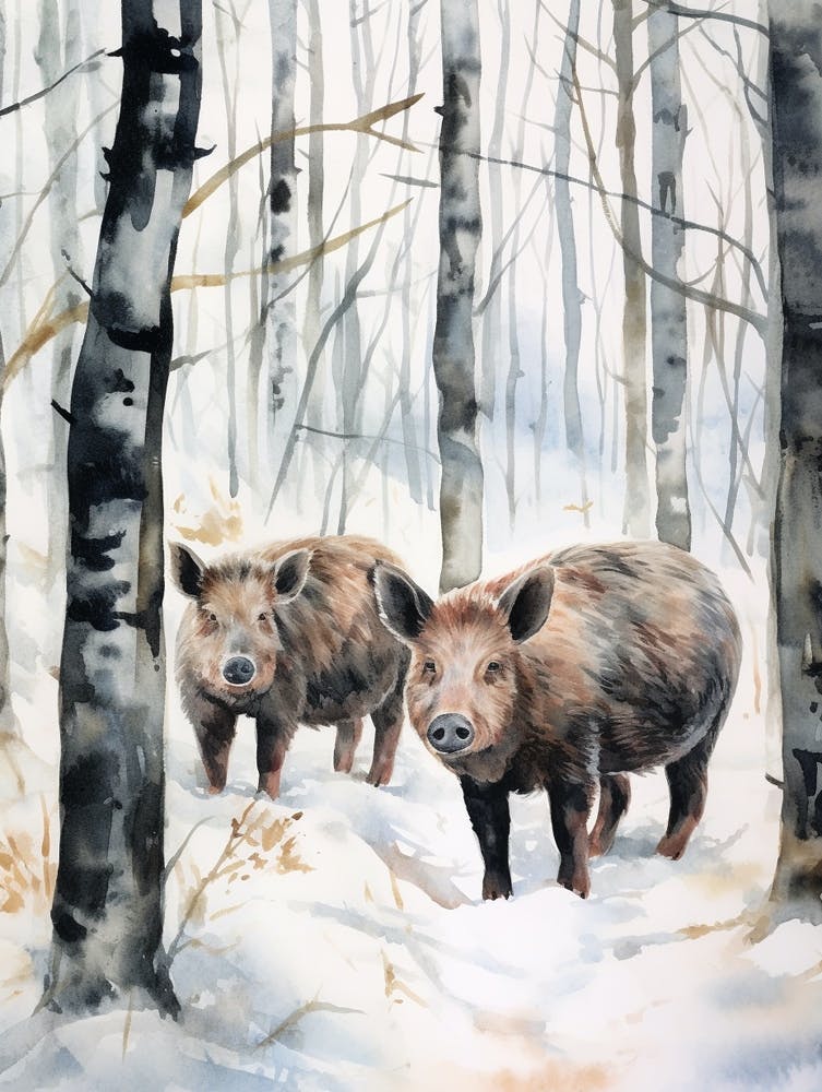 Winter Watercolour Wild Boar 2