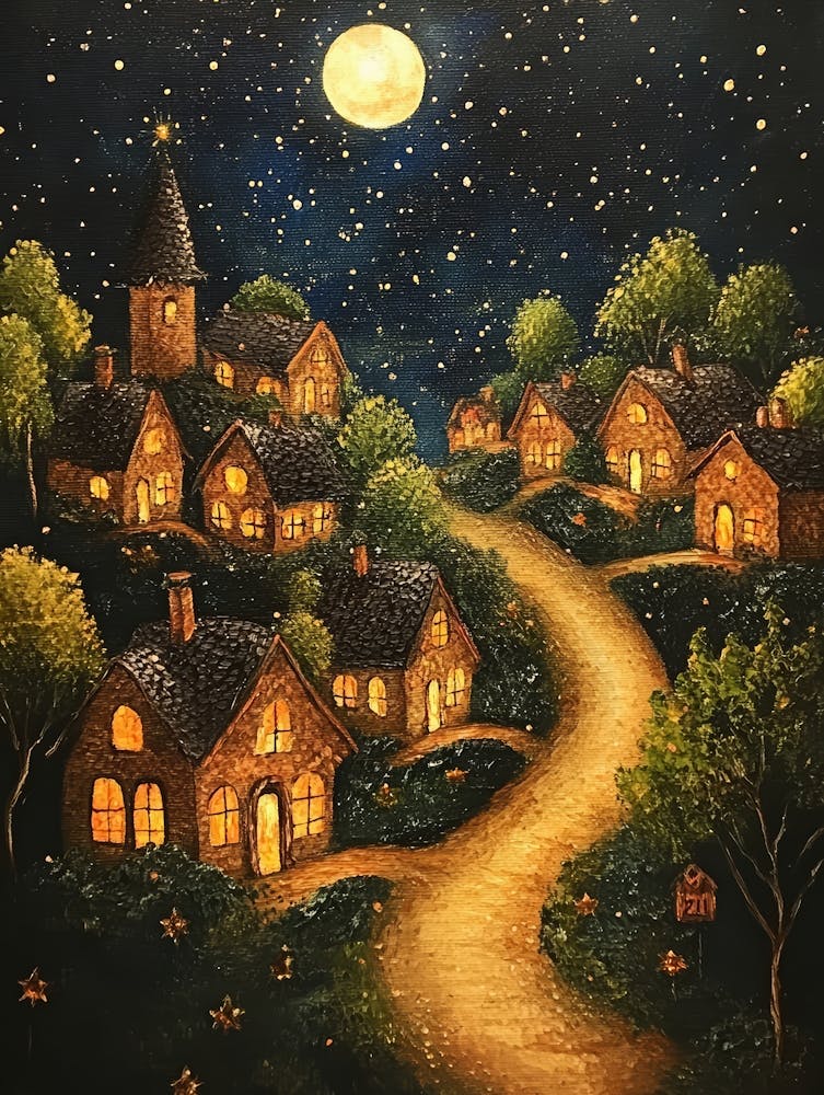 Dorf bei Nacht mit Sternen und Mond am Himmel