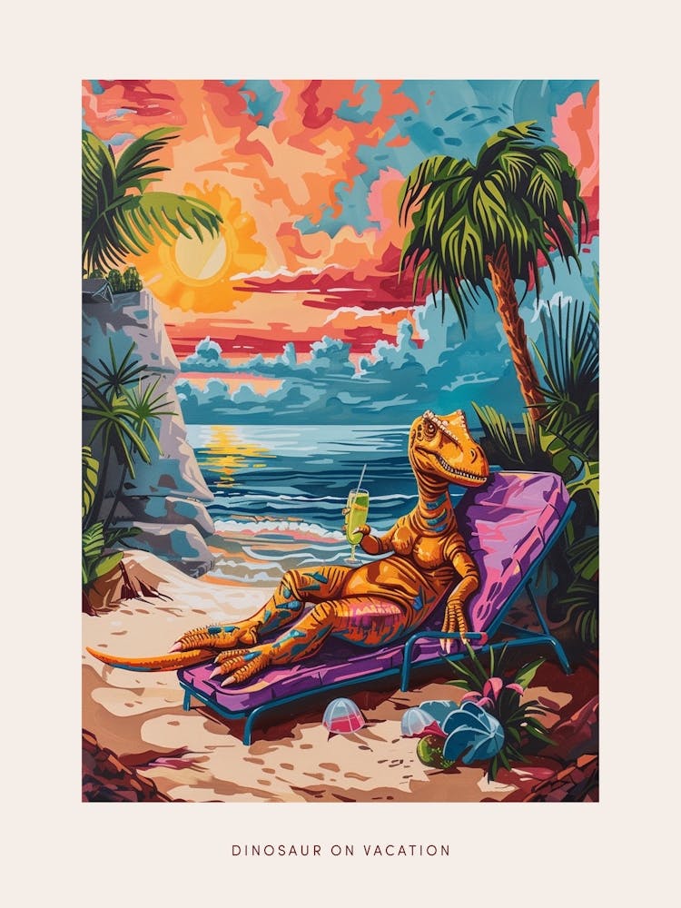 Dinosaur On A Sun Lounger With A Cocktail Painting 1 Poster