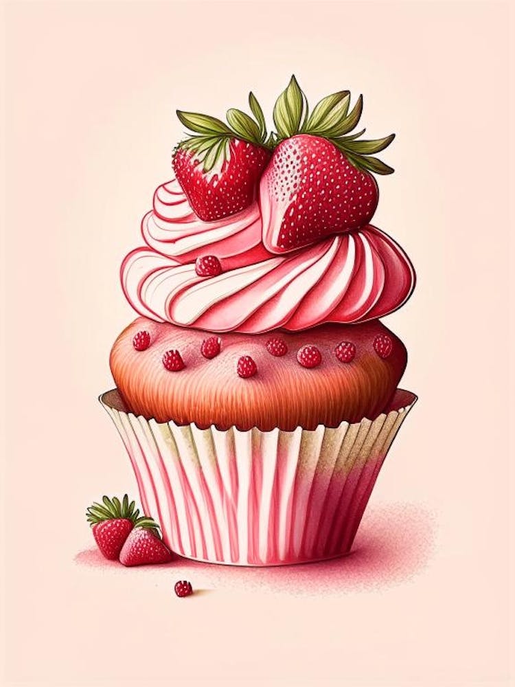 Strawberry Cupcakes, Dessert, Food Retro Drawing